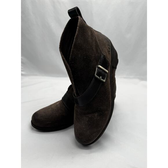 Ugg Wright Belted Shearling Lined Boot Brown Suede Leather Heel Womens Sz 8.5 - Picture 1 of 10
